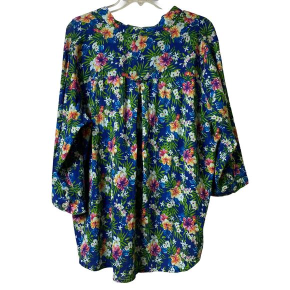 Bedford Fair NWOT Sz L 3/4 Sleeve Blue Floral Button Front Top 100% Cotton (2563 - Picture 2 of 9